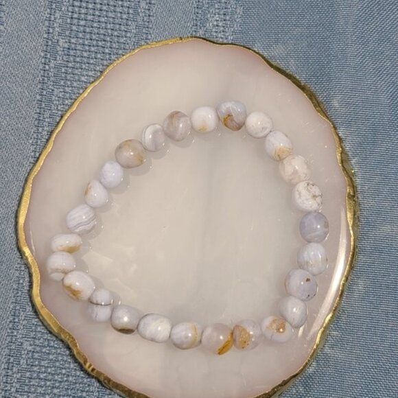 Blue Lace Agate Gemstone Bracelet | 8-12mm Tumbled Crystal Stretch Jewelry - Picture 4 of 7